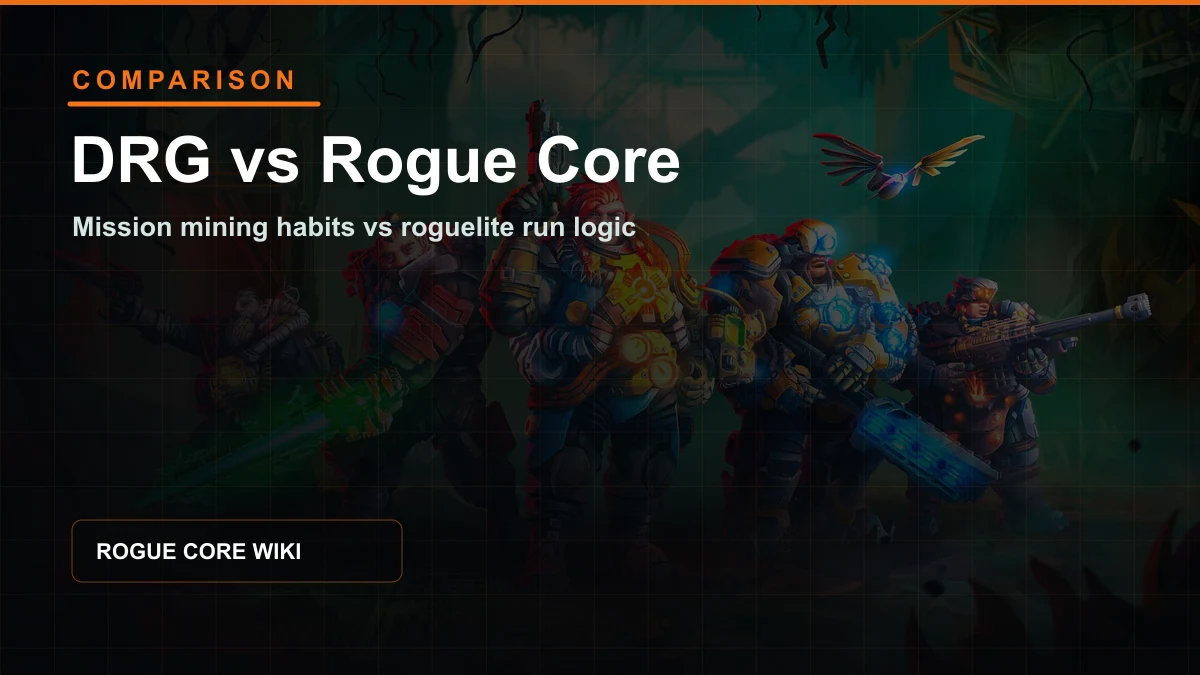 Deep Rock Galactic Rogue Core comparison guide cover explaining DRG mission mining versus roguelite runs