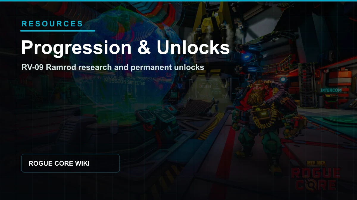 Deep Rock Galactic Rogue Core progression and unlocks guide cover showing the Ramrod mission selection hub