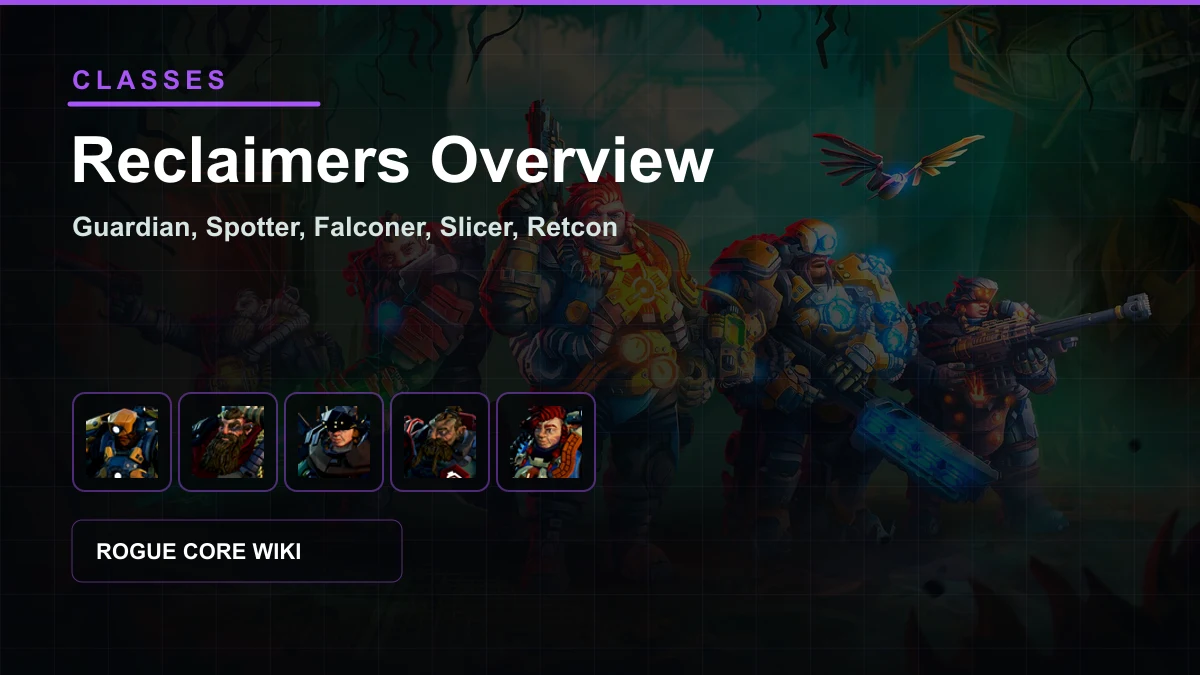 Deep Rock Galactic Rogue Core Reclaimers overview guide cover with Guardian Spotter Falconer Slicer and Retcon icons