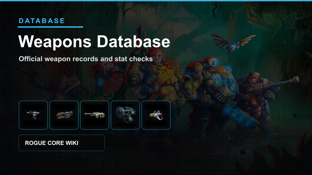 Deep Rock Galactic Rogue Core weapons database guide cover with official weapon images